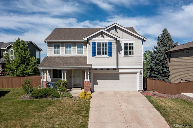 9719 Burberry Way, Highlands Ranch, CO 80129 - craftsman-style home with a porch, a garage, concrete driveway, board and batten siding, and roof with shingles