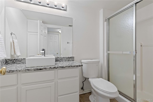 9719 Burberry Way, Highlands Ranch, CO 80129 - full bathroom with a stall shower, toilet, tile patterned flooring, and vanity