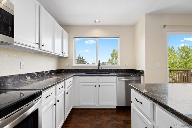 9719 Burberry Way, Highlands Ranch, CO 80129 - kitchen with stainless steel dishwasher, a sink, dark stone countertops, dark wood-style floors, and recessed lighting