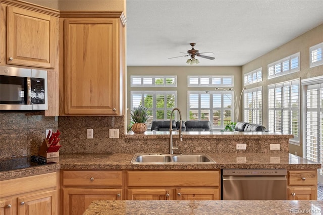 1251 Double Eagle Ct, Castle Rock, CO 80104 - kitchen featuring stainless steel appliances, a ceiling fan, healthy amount of natural light, and decorative backsplash