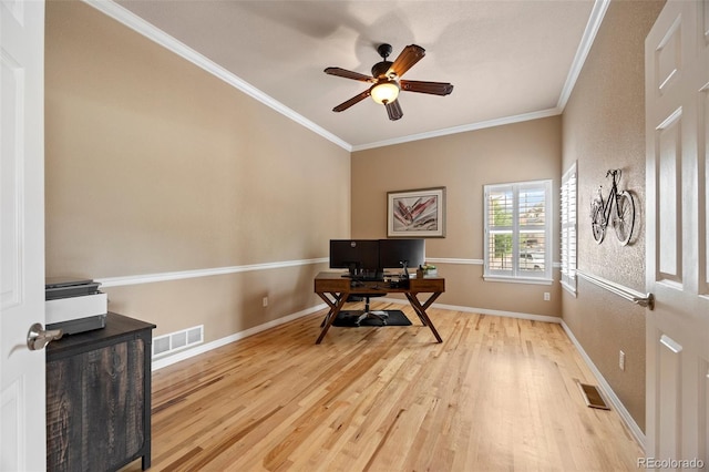 1251 Double Eagle Ct, Castle Rock, CO 80104 - office with wood finished floors, ornamental molding, and a ceiling fan