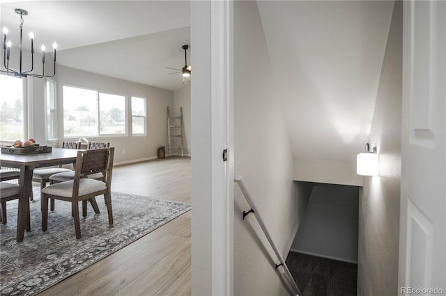 329 Lodgewood Ln, Lafayette, CO 80026 - dining area featuring wood finished floors, a chandelier, ceiling fan, and baseboards
