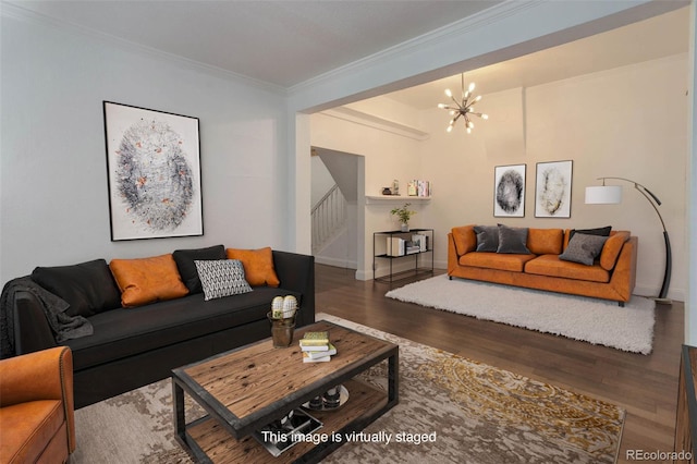 4032 Lipan St, Denver, CO 80211 - living area featuring stairway, wood finished floors, ornamental molding, and a chandelier