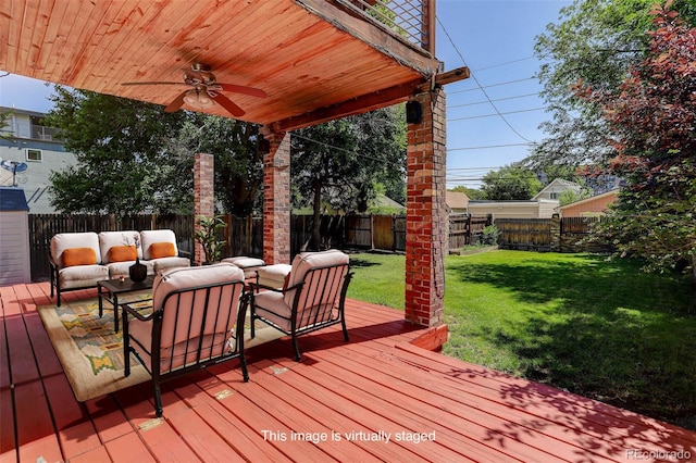 4032 Lipan St, Denver, CO 80211 - deck featuring ceiling fan, an outdoor living space, and a fenced backyard