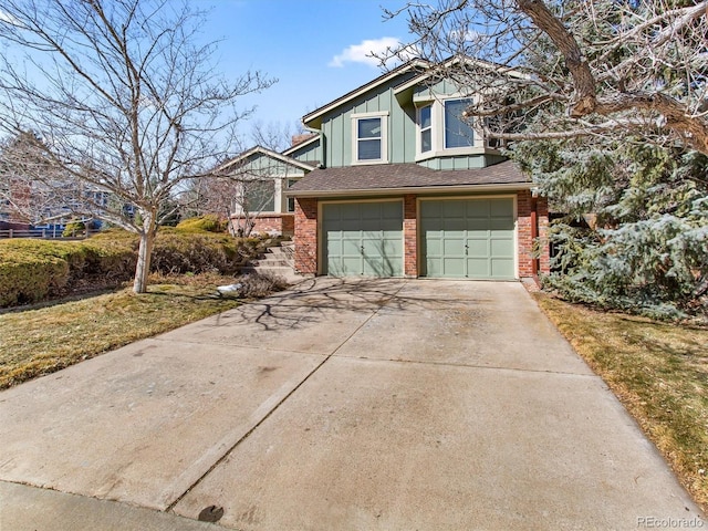 view of front of home featuring board and batten siding, concrete driveway, brick siding, and an attached garage