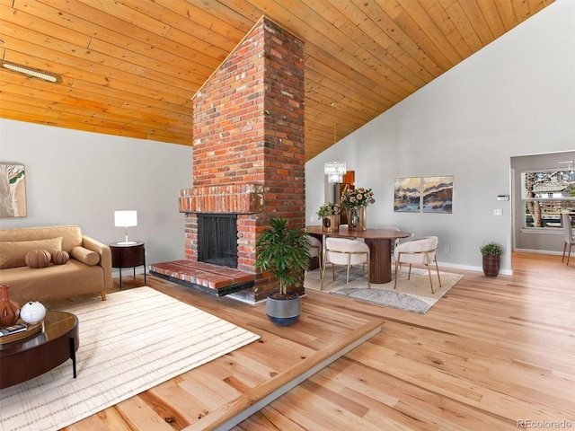 living room with wood ceiling, a fireplace, baseboards, and wood finished floors