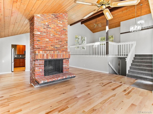 unfurnished living room featuring light wood-style flooring, a fireplace, wood ceiling, and baseboards