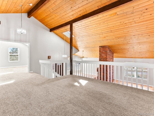 interior space featuring high vaulted ceiling, wooden ceiling, ceiling fan with notable chandelier, carpet flooring, and beam ceiling