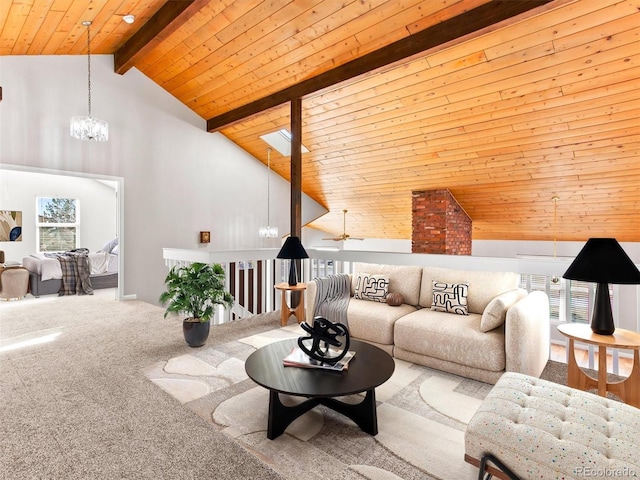 living area featuring wooden ceiling, beamed ceiling, carpet, high vaulted ceiling, and a notable chandelier