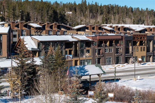 view of snow covered building