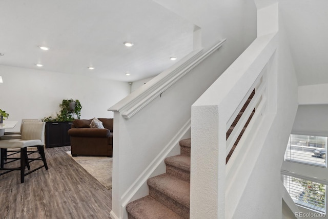 5121 N Yampa St, Denver, CO 80249 - staircase with wood finished floors and recessed lighting