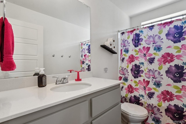 5121 N Yampa St, Denver, CO 80249 - bathroom with vanity, toilet, and a shower with shower curtain