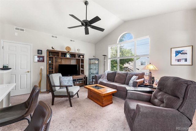 4501 Nelson Rd Unit 2201, Longmont, CO 80503 - living room featuring ceiling fan, lofted ceiling, and light colored carpet