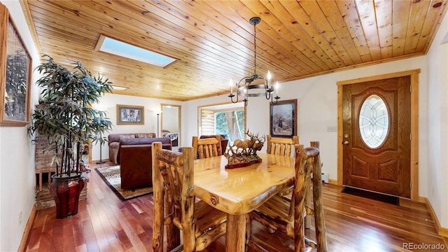 7 Rock Canyon Rd, Drake, CO 80515 - dining area with wooden ceiling, hardwood / wood-style flooring, a skylight, and a notable chandelier
