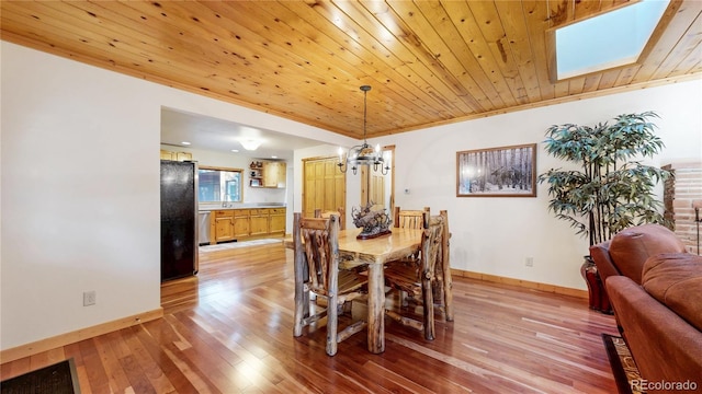 7 Rock Canyon Rd, Drake, CO 80515 - dining space with light wood finished floors, a skylight, wood ceiling, and baseboards