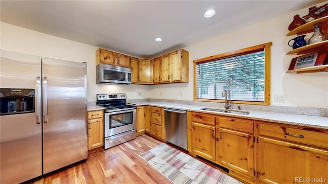 7 Rock Canyon Rd, Drake, CO 80515 - kitchen with recessed lighting, a sink, open shelves, light wood-style floors, and stainless steel appliances