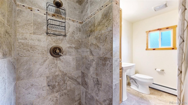 7 Rock Canyon Rd, Drake, CO 80515 - full bath with a tile shower, toilet, visible vents, and a baseboard heating unit