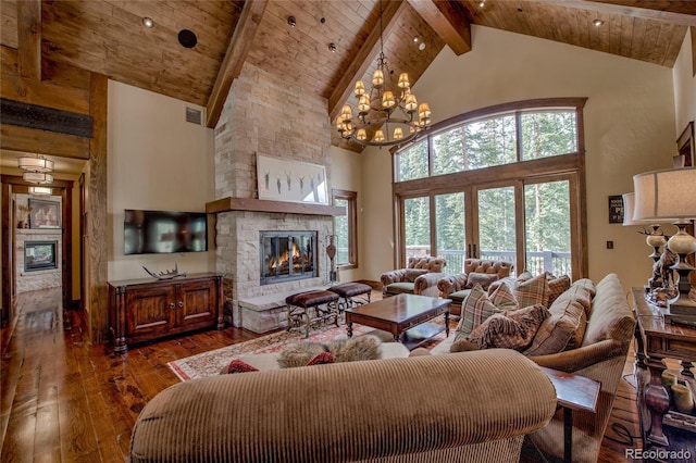 living area with visible vents, high vaulted ceiling, a stone fireplace, wooden ceiling, and dark wood-style flooring