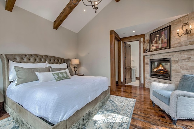 bedroom featuring a multi sided fireplace, high vaulted ceiling, beam ceiling, and wood finished floors