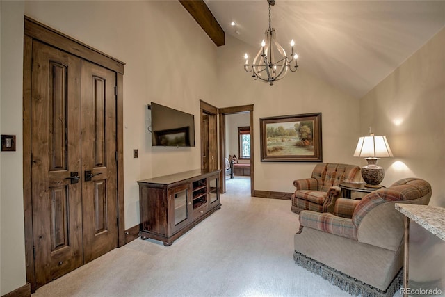 living area with baseboards, a chandelier, beamed ceiling, light colored carpet, and high vaulted ceiling