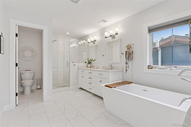 3478 Chase St, Wheat Ridge, CO 80212 - bathroom with a soaking tub, vanity, a shower stall, marble finish floors, and recessed lighting