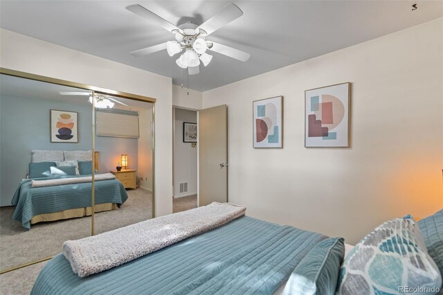 7310 Granada Rd, Denver, CO 80221 - bedroom featuring carpet floors, a closet, and ceiling fan