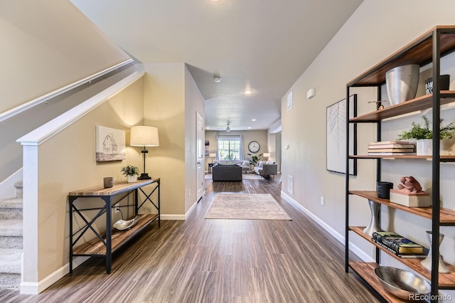 12851 Billingsley Trl, Parker, CO 80134 - corridor featuring stairway, wood finished floors, and recessed lighting