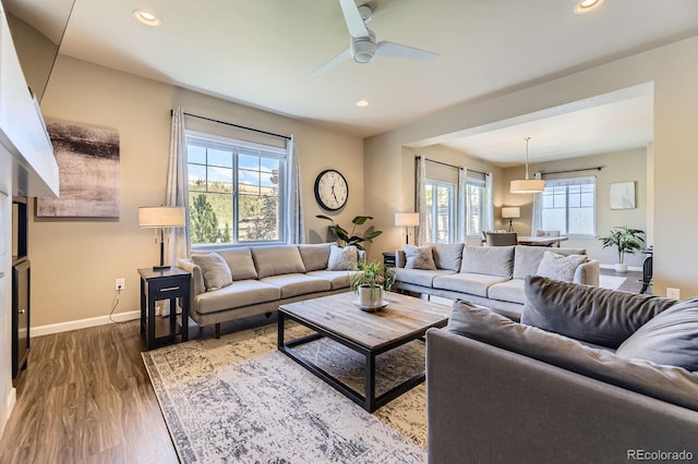 12851 Billingsley Trl, Parker, CO 80134 - living area with wood finished floors, recessed lighting, and a ceiling fan