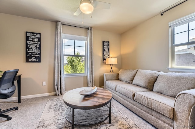 12851 Billingsley Trl, Parker, CO 80134 - carpeted living room featuring healthy amount of natural light and a ceiling fan