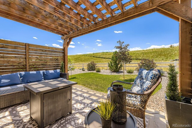 12851 Billingsley Trl, Parker, CO 80134 - fenced backyard with outdoor lounge area, a patio, and a pergola