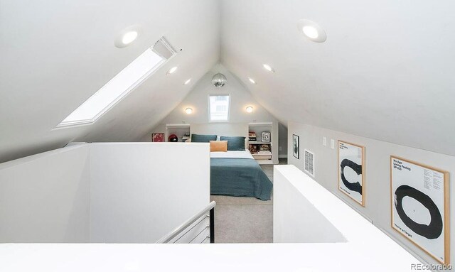 bedroom featuring carpet flooring, recessed lighting, visible vents, and vaulted ceiling