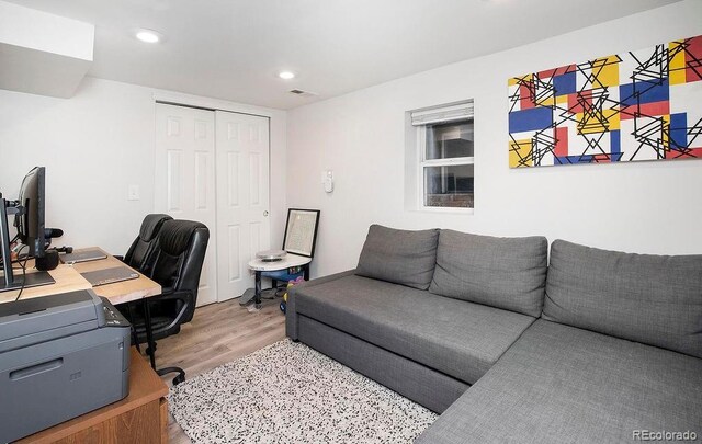 office with visible vents, recessed lighting, and wood finished floors