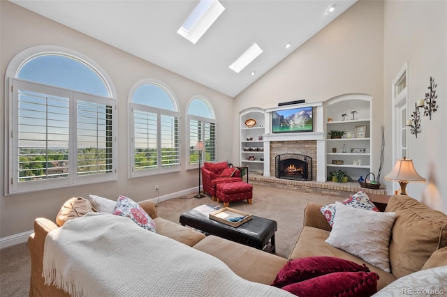 7056 S Owens St, Littleton, CO 80127 - living area featuring carpet, high vaulted ceiling, baseboards, a brick fireplace, and a skylight