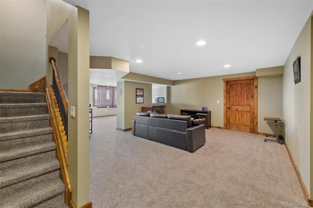 7056 S Owens St, Littleton, CO 80127 - carpeted living room with stairs, recessed lighting, and baseboards