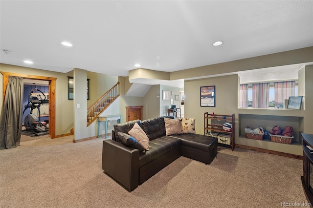 7056 S Owens St, Littleton, CO 80127 - living area featuring light colored carpet, stairs, recessed lighting, and baseboards