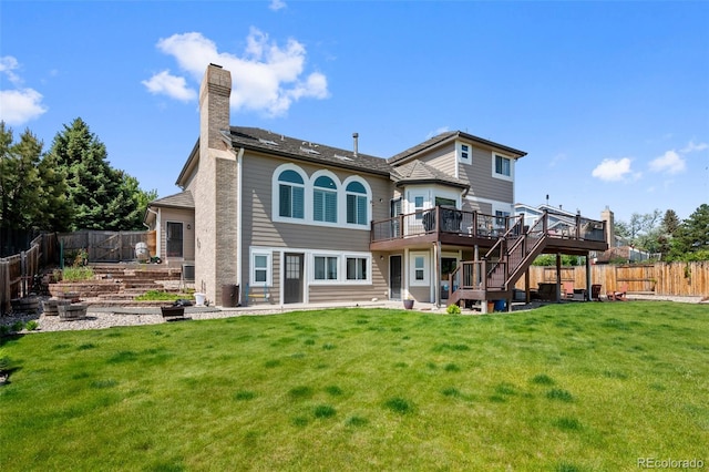 7056 S Owens St, Littleton, CO 80127 - rear view of house featuring a deck, stairway, and a chimney
