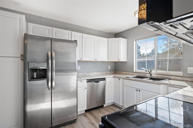 kitchen with white cabinetry, appliances with stainless steel finishes, sink, and light wood-type flooring