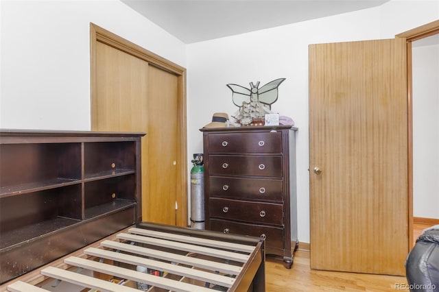 bedroom with light hardwood / wood-style floors and a closet