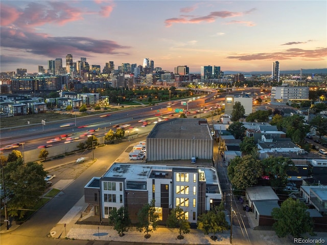 view of aerial view at dusk