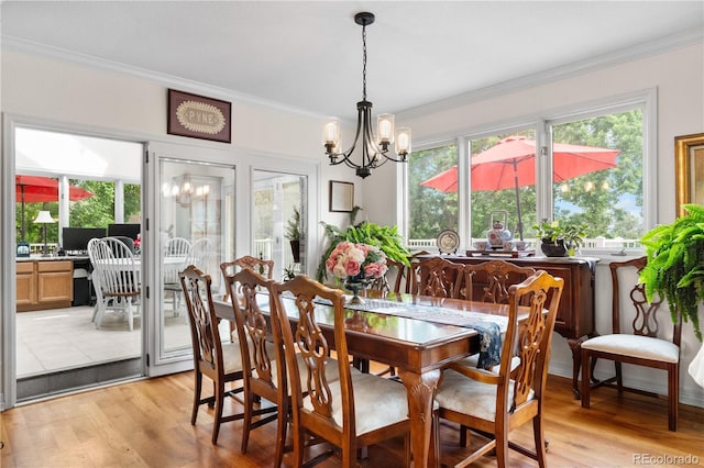 7330 Routt St, Arvada, CO 80005 - dining area with a chandelier, light wood finished floors, ornamental molding, and healthy amount of natural light