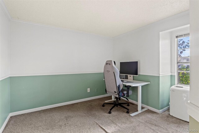 carpeted home office with ornamental molding, a textured ceiling, and baseboards