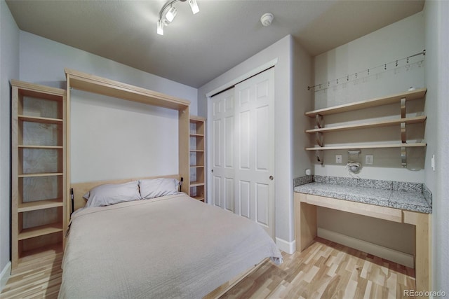 bedroom featuring rail lighting, light hardwood / wood-style flooring, and a closet