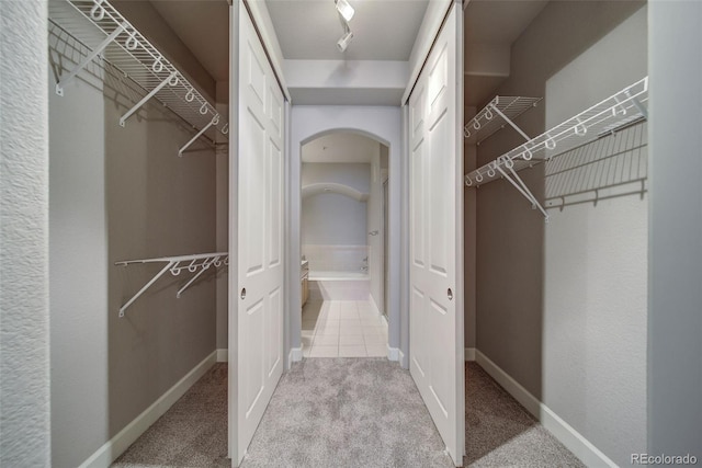 walk in closet featuring light colored carpet