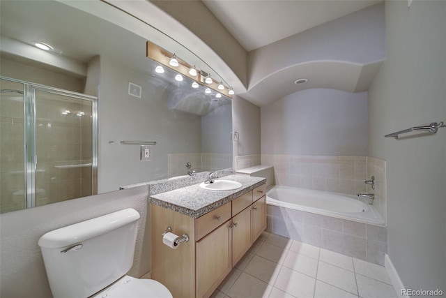 full bathroom with toilet, shower with separate bathtub, vanity, and tile patterned floors