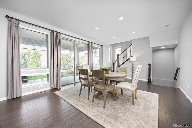525 Grenville Cir, Erie, CO 80516 - dining space with baseboards, dark wood-style flooring, recessed lighting, and stairs