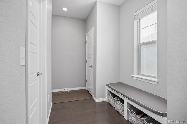 525 Grenville Cir, Erie, CO 80516 - mudroom with dark wood-style floors, baseboards, and recessed lighting
