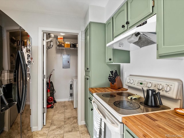 kitchen with green cabinetry, white range with electric stovetop, and electric panel