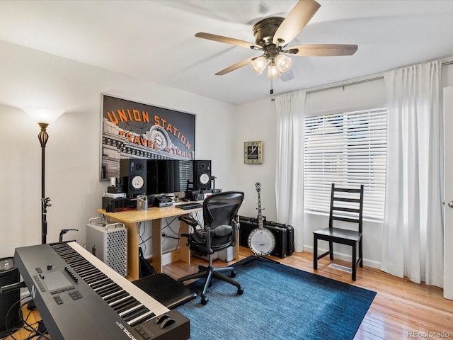 office featuring ceiling fan and light wood-type flooring