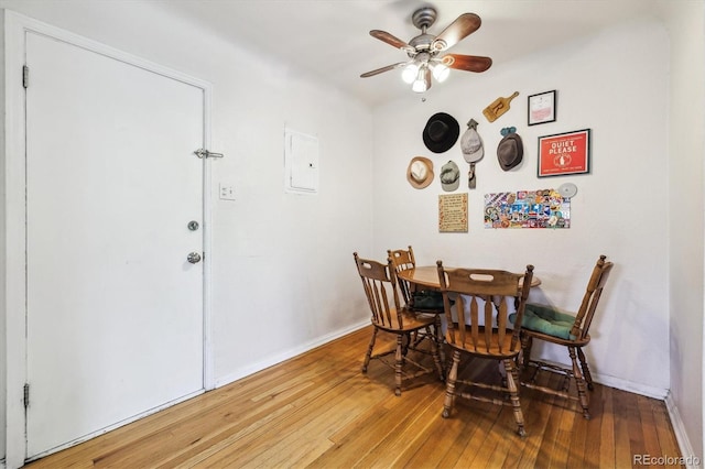 85 N Grant St Unit 28, Denver, CO 80203 - dining space featuring hardwood / wood-style floors, ceiling fan, and baseboards