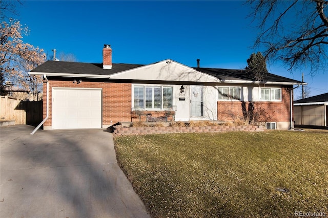 single story home with brick siding, a chimney, concrete driveway, an attached garage, and a front lawn